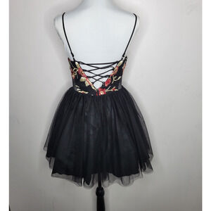 Mini Tulle Dress Balletcore Black Floral Layered Lace up Back 7 HoCo Formal